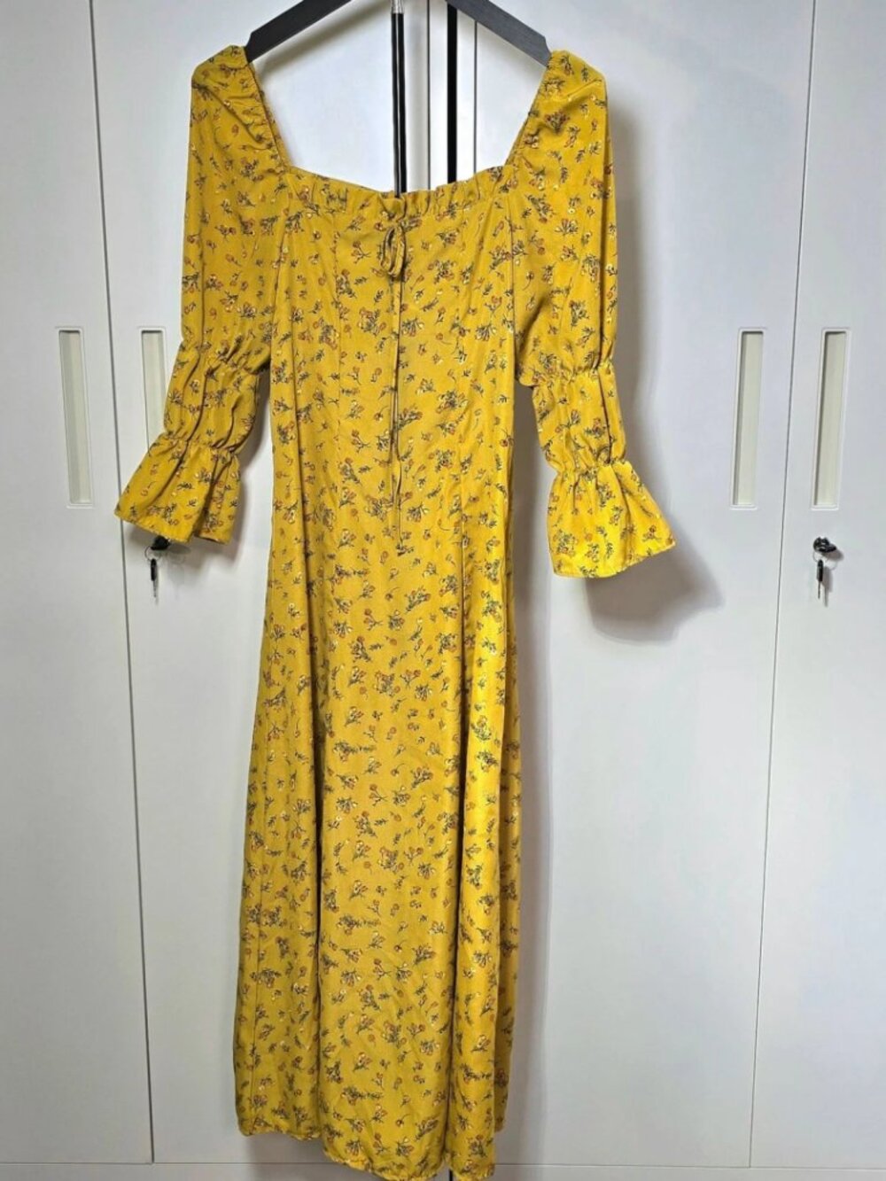 Yellow Floral Square Neck Midi Dress
